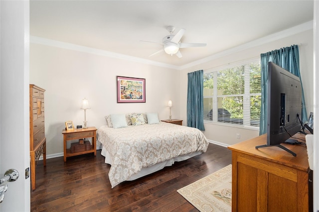 bedroom with ceiling fan, ornamental molding, and dark hardwood / wood-style floors