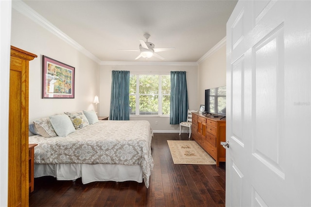 bedroom with ornamental molding, dark wood-type flooring, and ceiling fan