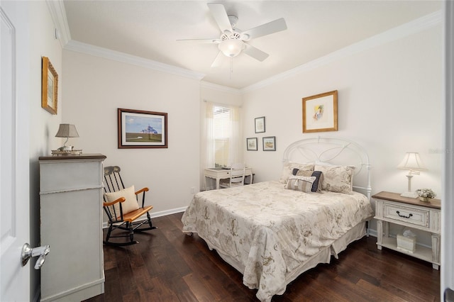 bedroom with crown molding, dark wood-type flooring, and ceiling fan