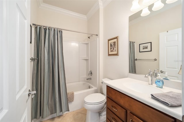 full bathroom featuring shower / bath combination with curtain, tile patterned flooring, vanity, toilet, and crown molding