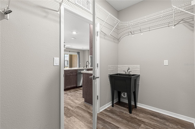 walk in closet with dark wood-type flooring