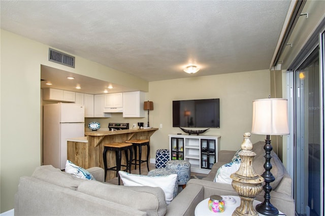 living room with a textured ceiling