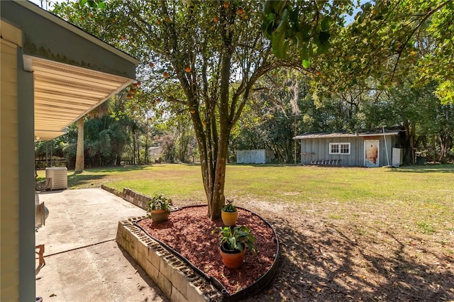 view of yard featuring an outbuilding, a patio area, and ac unit