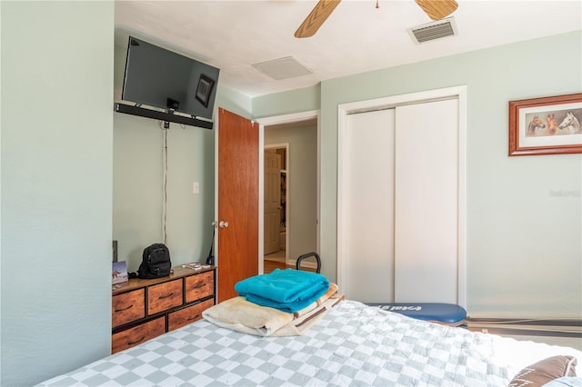 bedroom featuring ceiling fan and a closet