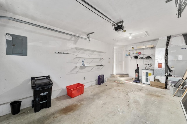 garage with a garage door opener, electric panel, and heating unit