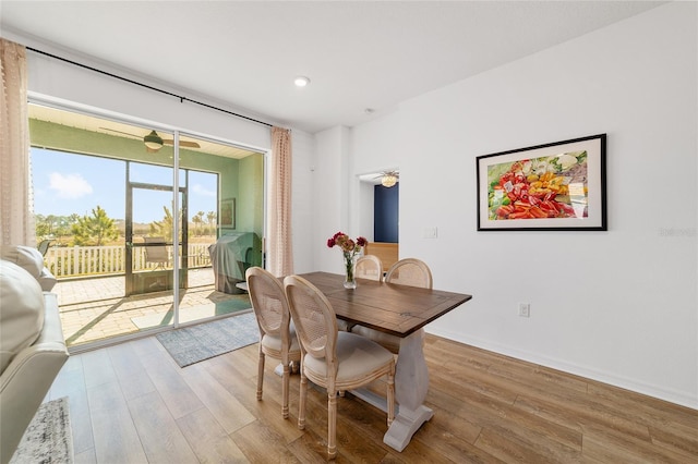 dining room featuring light hardwood / wood-style flooring and ceiling fan