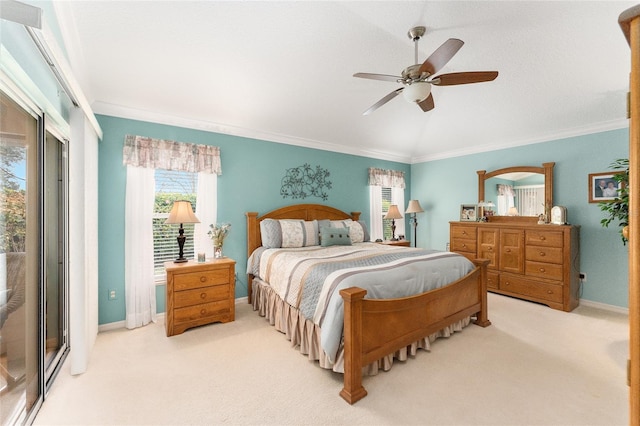 bedroom featuring crown molding, light carpet, and ceiling fan