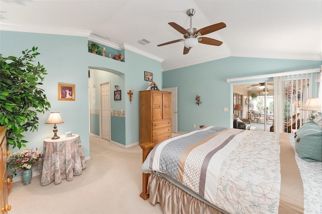 bedroom with ceiling fan, ornamental molding, access to outside, light carpet, and vaulted ceiling