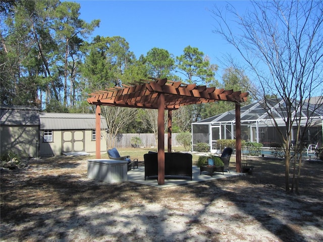 view of yard featuring a patio, a pergola, an outdoor hangout area, glass enclosure, and a storage unit