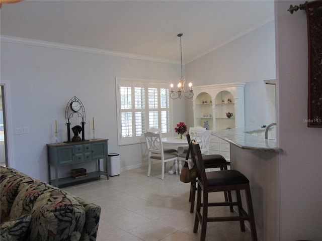 dining space with crown molding, light tile patterned floors, vaulted ceiling, and a notable chandelier