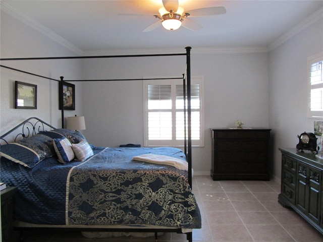 bedroom with ornamental molding, light tile patterned floors, and ceiling fan