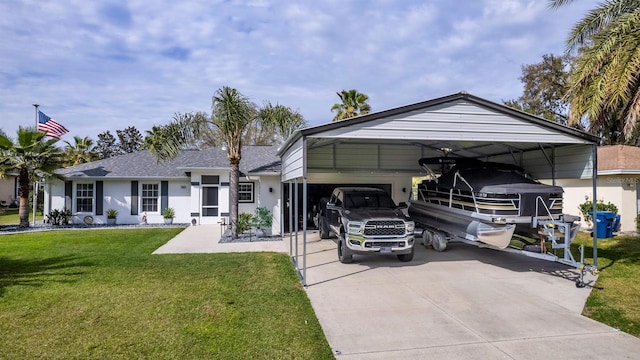 ranch-style home featuring a carport and a front lawn