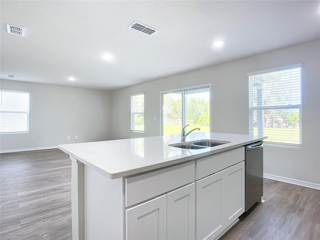 35 Wood Acre Ln, Palm Coast, FL 32164 - kitchen featuring sink, white cabinetry, wood-type flooring, a center island with sink, and stainless steel dishwasher