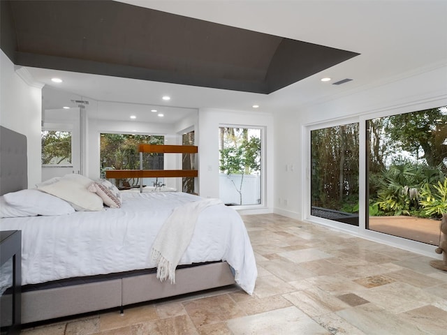 bedroom with multiple windows, a tray ceiling, and access to outside