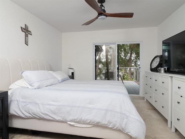 bedroom featuring access to outside and ceiling fan