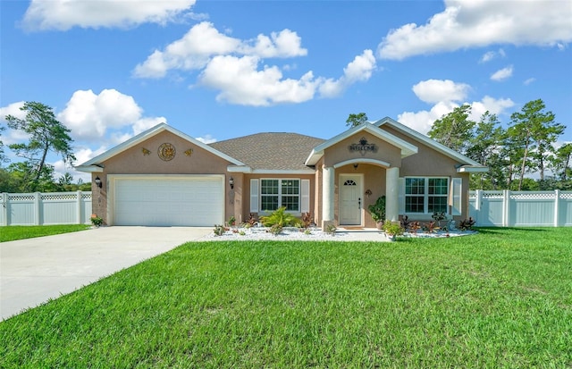 single story home with a garage and a front yard