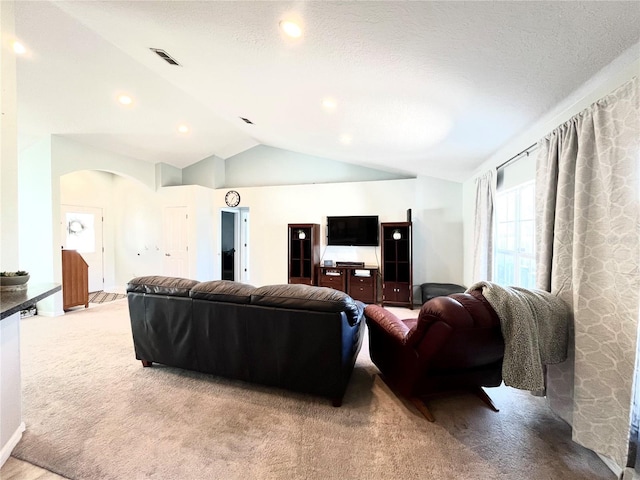 carpeted living room with vaulted ceiling and a textured ceiling