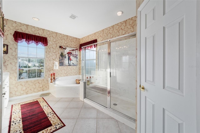 full bathroom with wallpapered walls, visible vents, a garden tub, tile patterned flooring, and a shower stall