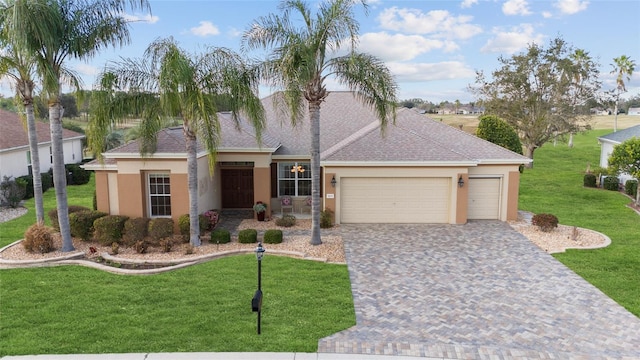 view of front of property with a garage, a shingled roof, decorative driveway, a front yard, and stucco siding