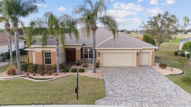 view of front of home featuring decorative driveway, roof with shingles, stucco siding, an attached garage, and a front yard