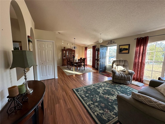 living room with a healthy amount of sunlight, a textured ceiling, vaulted ceiling, and wood-type flooring