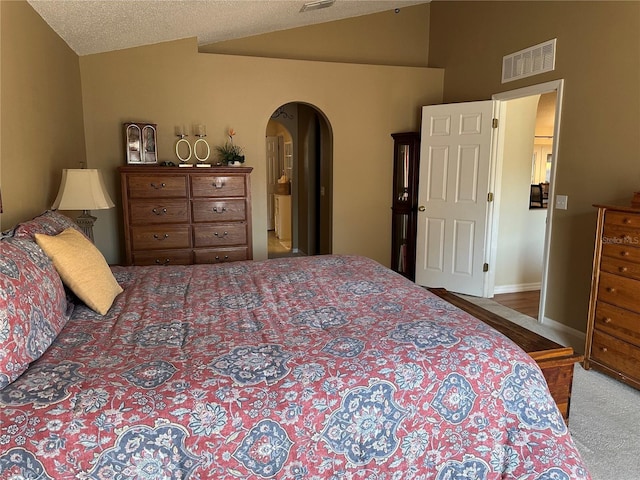 carpeted bedroom with lofted ceiling and a textured ceiling