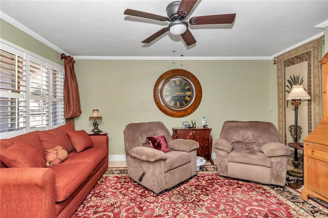 living room featuring ceiling fan and ornamental molding