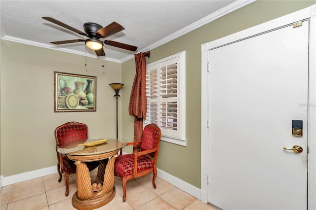 living area with light tile patterned floors, crown molding, and ceiling fan