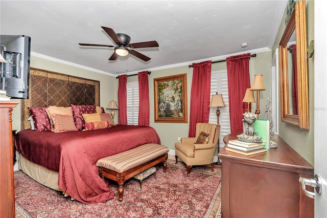 bedroom with crown molding and ceiling fan