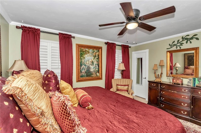 bedroom with ornamental molding and ceiling fan