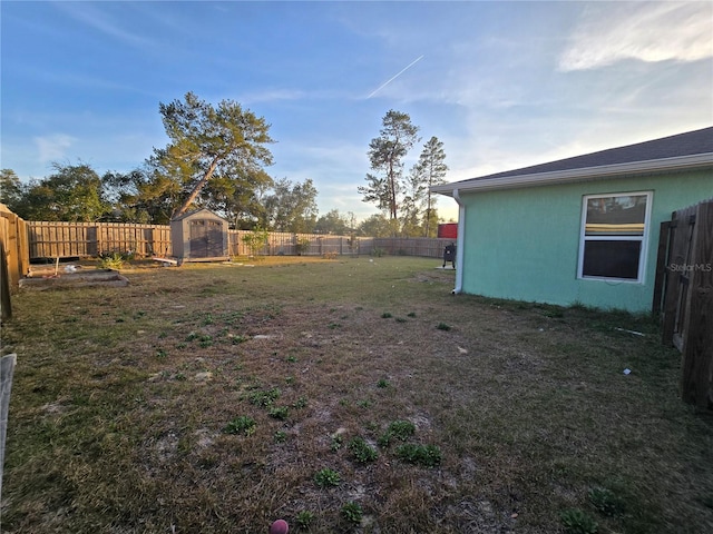 view of yard featuring a storage shed