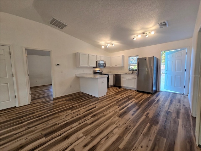 kitchen featuring sink, dark wood-type flooring, appliances with stainless steel finishes, white cabinetry, and vaulted ceiling