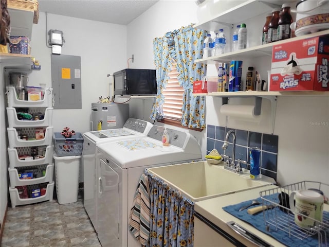 washroom with independent washer and dryer, electric panel, and water heater