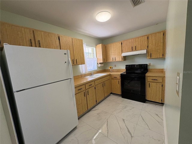 kitchen with sink, black electric range, and white fridge