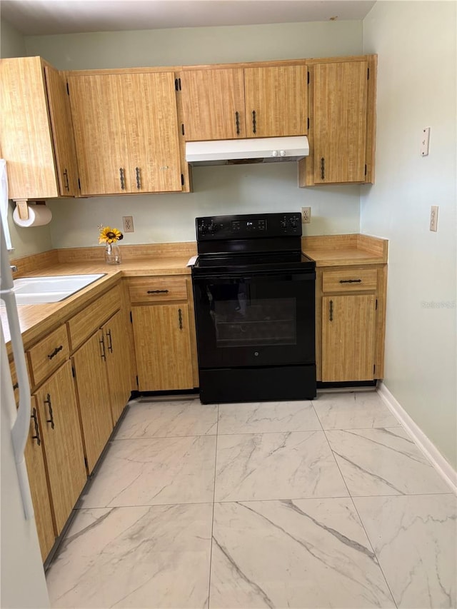 kitchen featuring sink, black range with electric cooktop, and white fridge