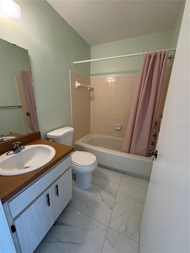 full bathroom with vanity, shower / bathtub combination with curtain, and toilet