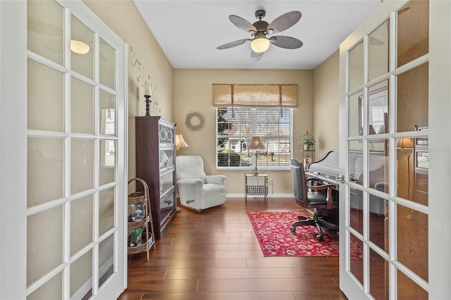 office area featuring dark hardwood / wood-style flooring, french doors, and ceiling fan