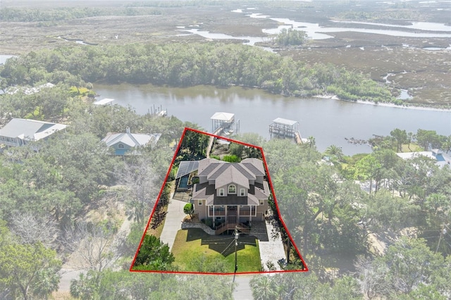 aerial view featuring a water view