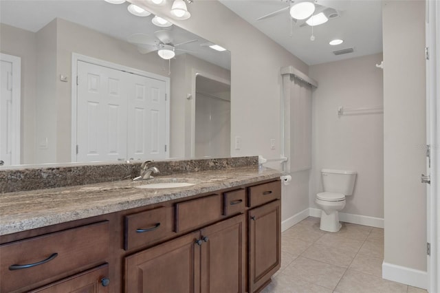 full bathroom featuring visible vents, a ceiling fan, toilet, tile patterned flooring, and vanity