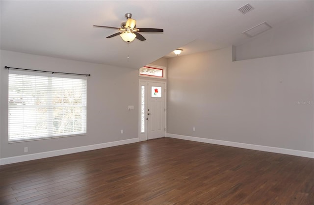 entryway featuring dark wood-type flooring and ceiling fan