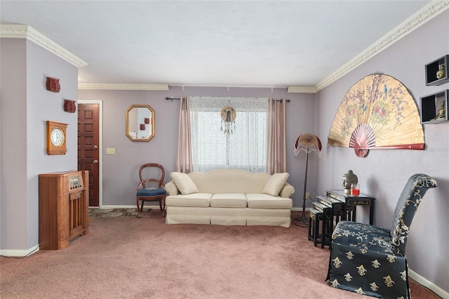 living room featuring carpet floors and ornamental molding