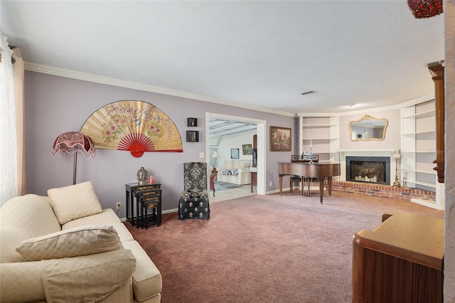 carpeted living room featuring a brick fireplace and crown molding