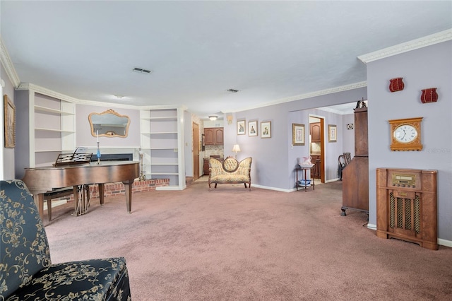 living room with ornamental molding and carpet