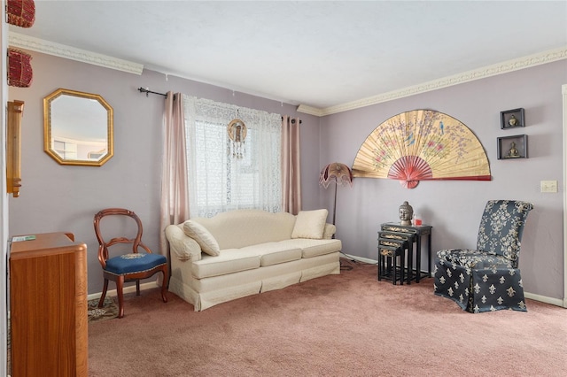 living area with crown molding and carpet floors