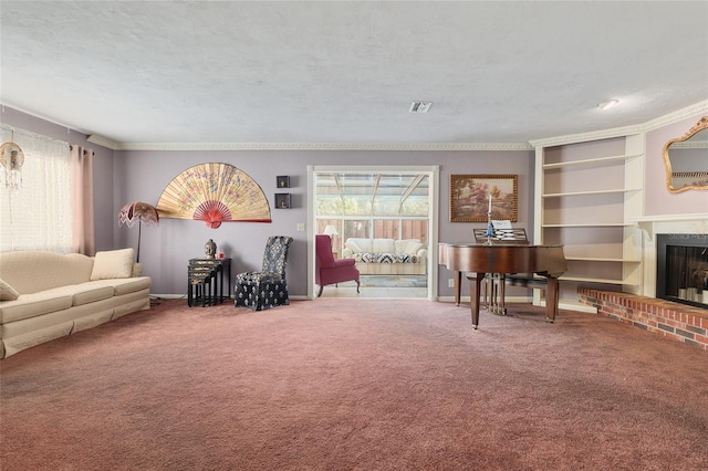 carpeted living room featuring ornamental molding, a textured ceiling, and a fireplace