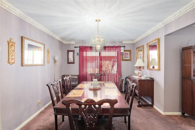 dining space with a notable chandelier, ornamental molding, and carpet flooring