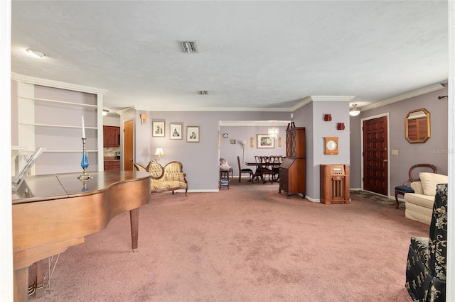 interior space with ornamental molding and carpet floors