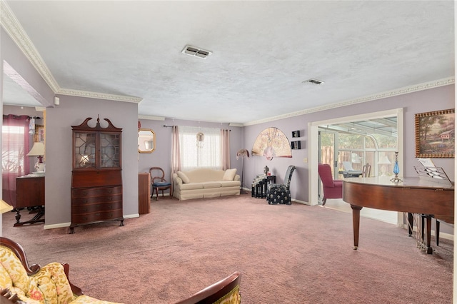 living room featuring crown molding, carpet flooring, and a textured ceiling