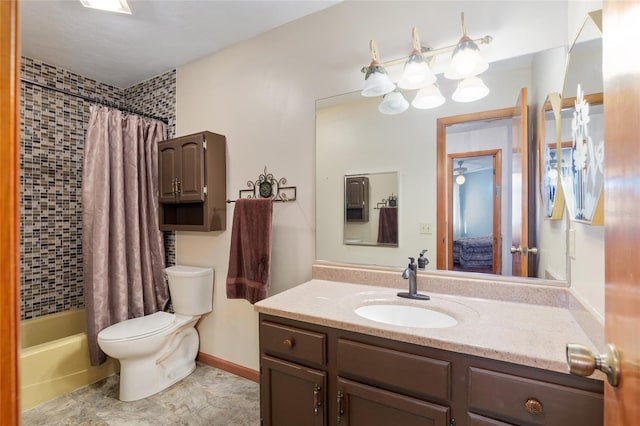 full bathroom with vanity, shower / bath combination with curtain, and toilet