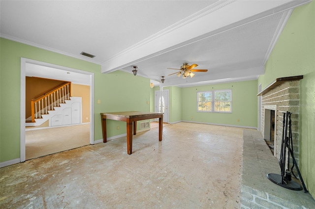 unfurnished living room featuring beamed ceiling, concrete floors, ceiling fan, crown molding, and a brick fireplace